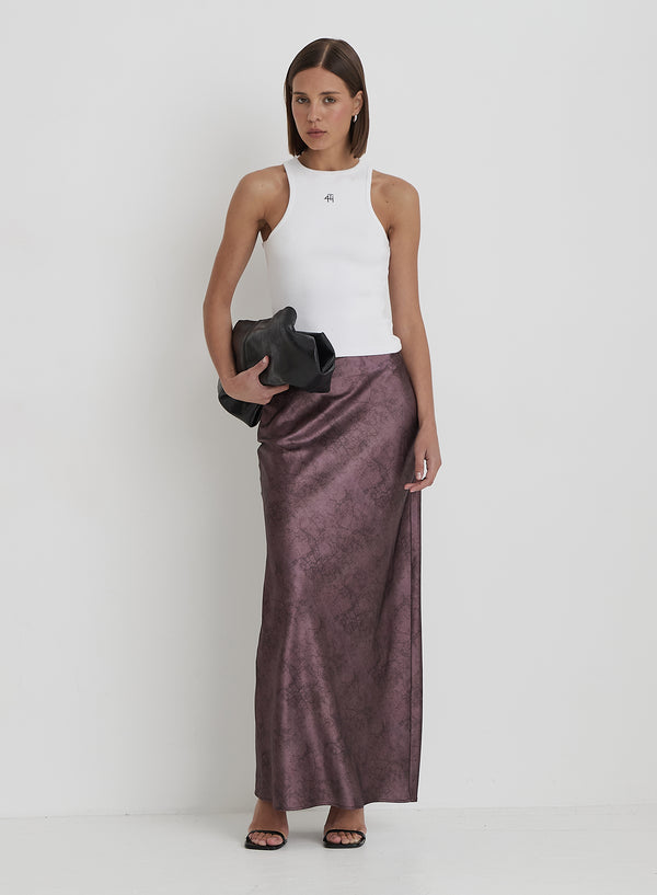 4th & reckless Plum Printed Satin Maxi Skirt- Novah