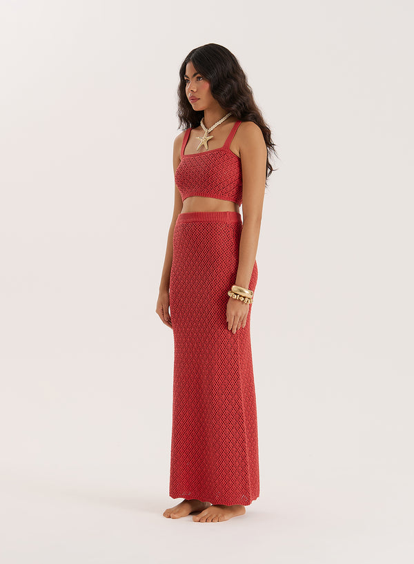 4th & Reckless Red Crochet Knit Maxi Skirt- Sierra