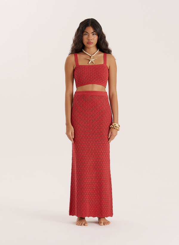 4th & reckless Red Crochet Knit Maxi Skirt- Sierra