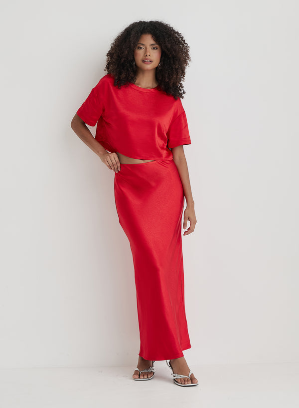 4th & reckless Red Satin Maxi Skirt- Dara