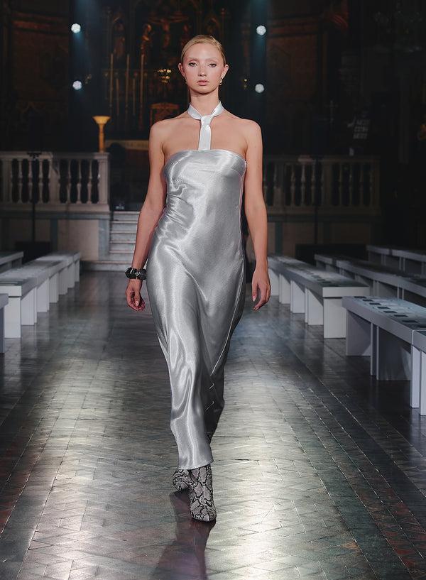 4th & Reckless Silver Bandeau Satin Maxi Dress- Shona