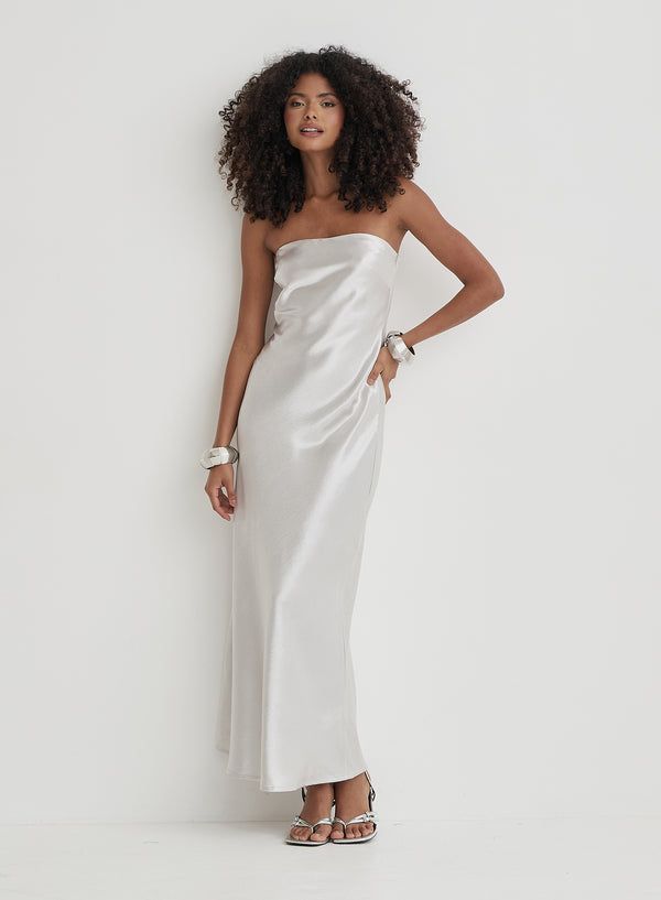 4th & reckless Silver Bandeau Satin Maxi Dress- Shona