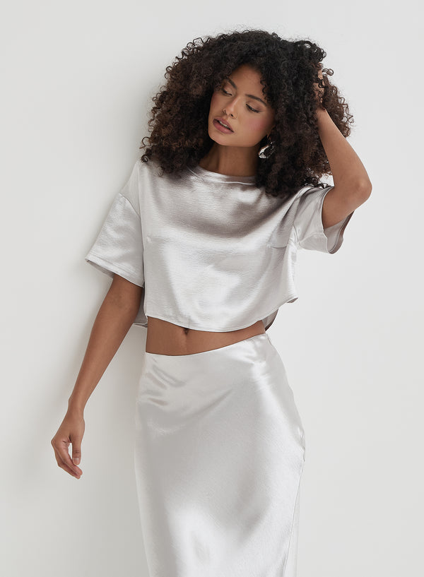 4th & reckless Silver Satin Cropped Top- Dara
