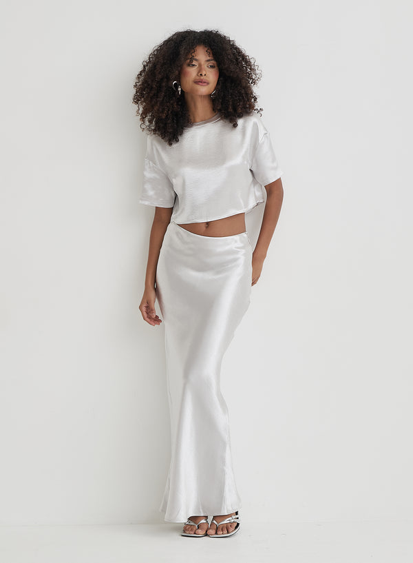 4th & reckless Silver Satin Maxi Skirt- Dara
