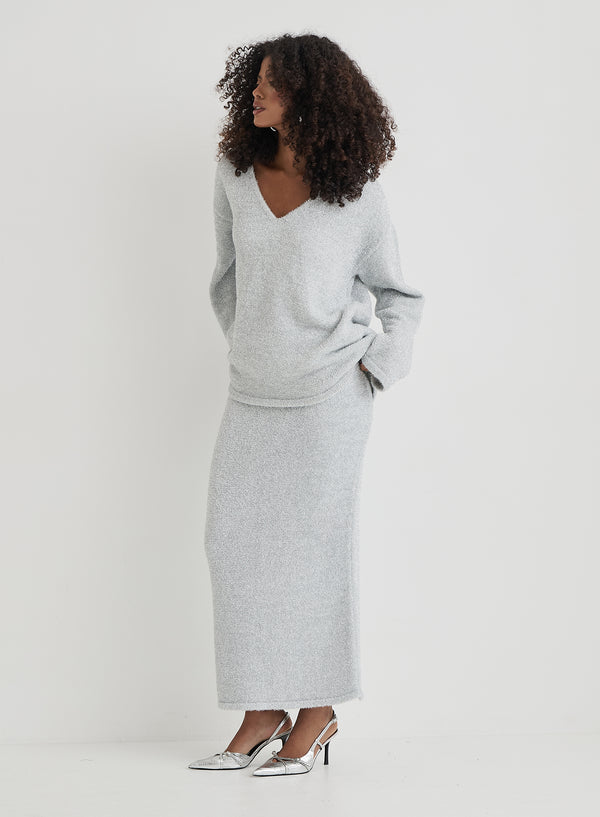 4th & Reckless Silver Tinsel Knit Maxi Skirt- Oaklyn