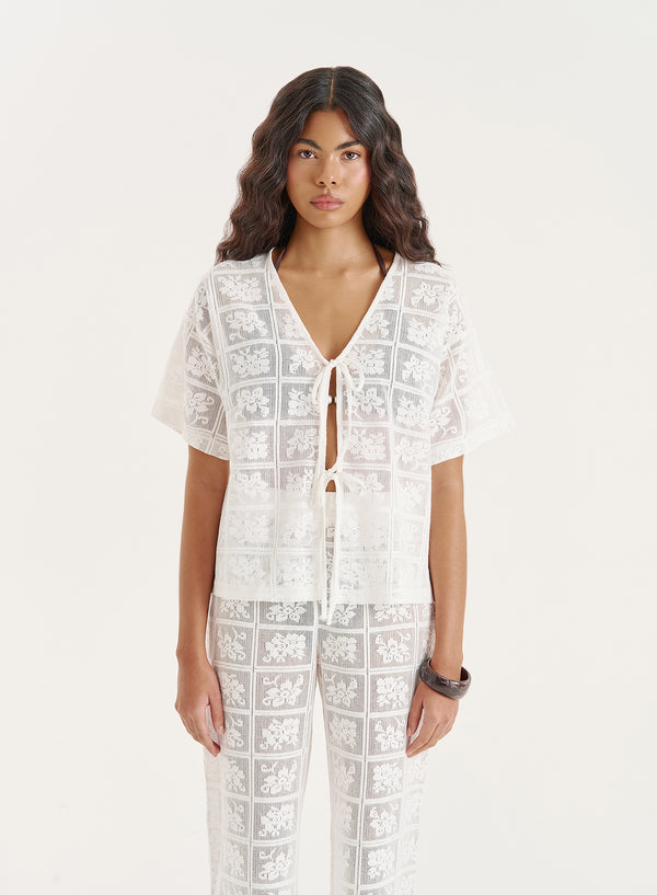 4th & reckless White Crochet Lace Tie Front Top- Loli