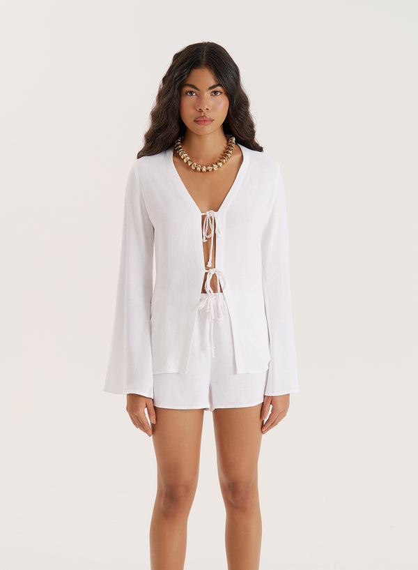 4th & reckless White Linen Blend Tie Front Top- Jules