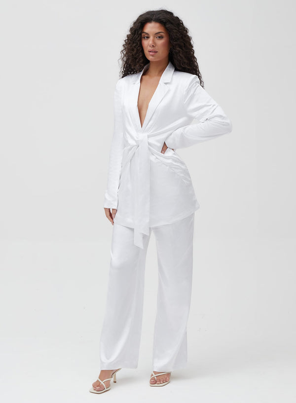 4th & Reckless White Satin Wide Leg Trouser - Elora