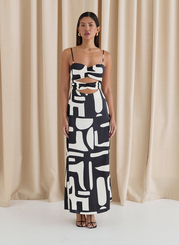 4th & Reckless Abstract Print Satin Cut Out Detail Dress- Debora