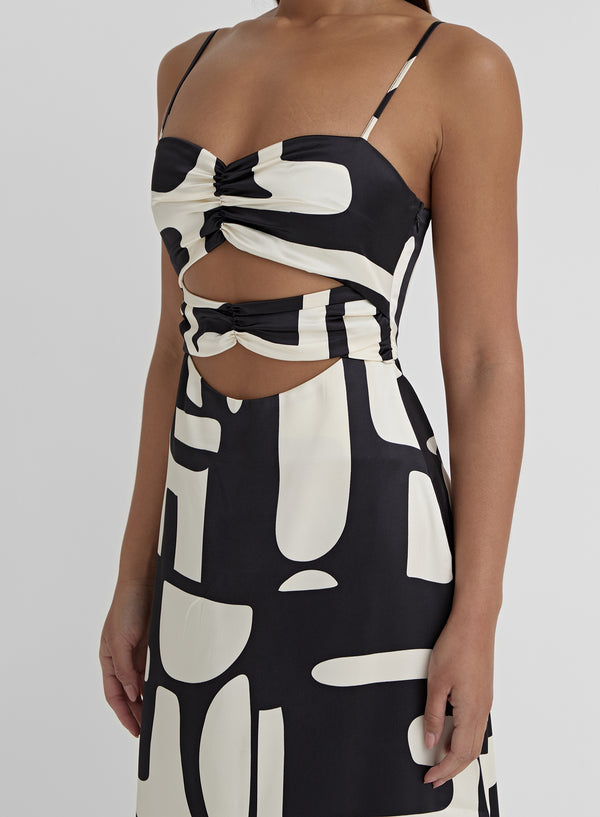 4th & Reckless Abstract Print Satin Cut Out Detail Dress- Debora
