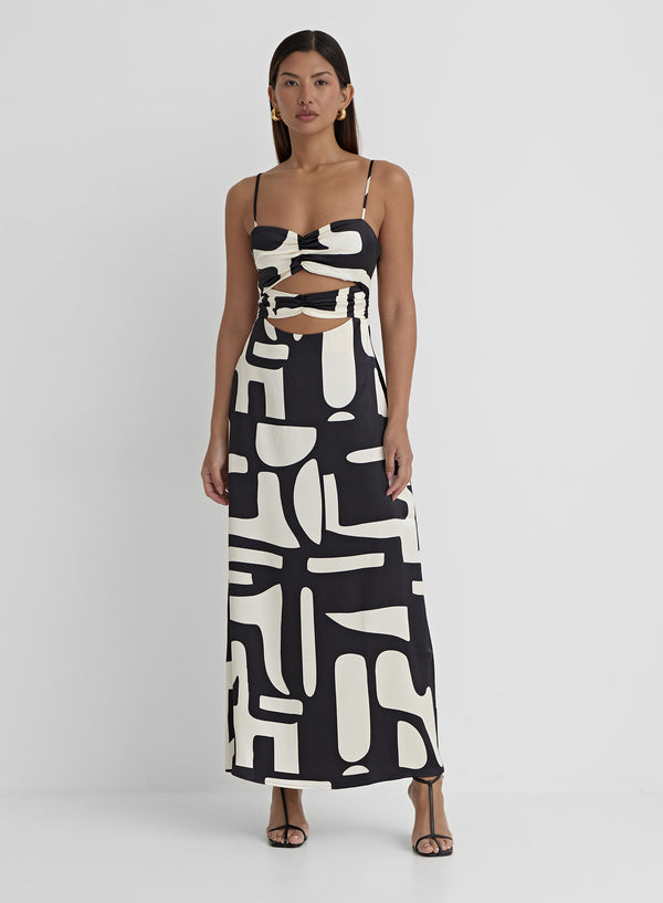 4th & reckless Abstract Print Satin Cut Out Detail Dress- Debora