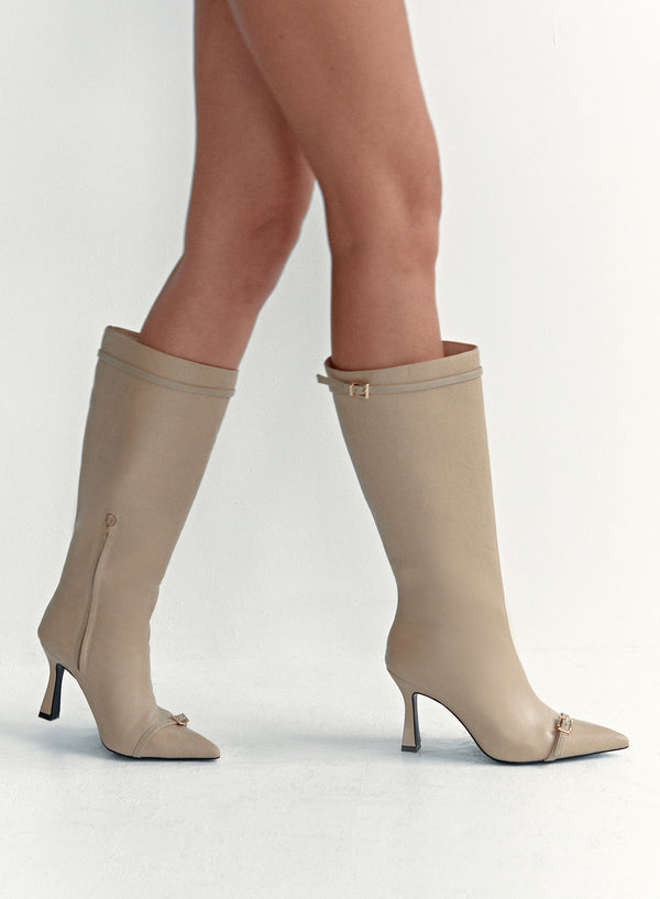 4th & Reckless Beige Buckle Front Knee High Boots- Mayfair