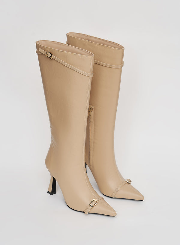 4th & Reckless Beige Buckle Front Knee High Boots- Mayfair