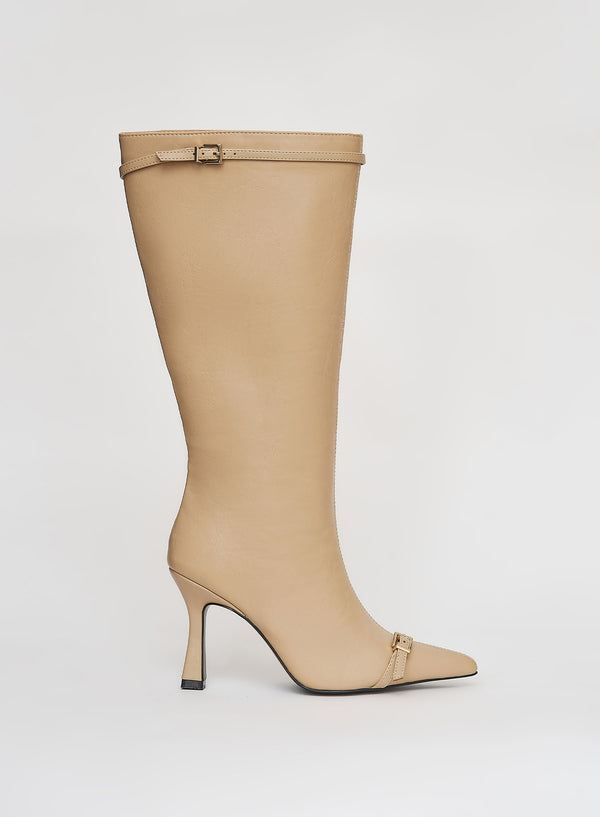 4th & reckless Beige Buckle Front Knee High Boots- Mayfair