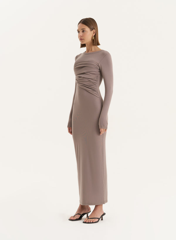 4th & Reckless Beige Bust Detail Long Sleeve Maxi Dress- Xavier