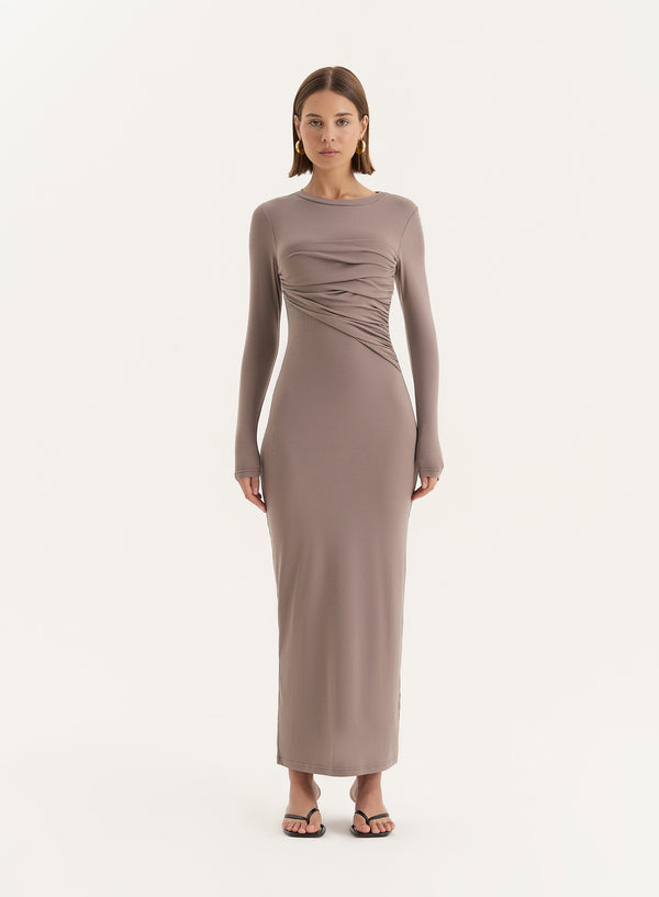 4th & reckless Beige Bust Detail Long Sleeve Maxi Dress- Xavier