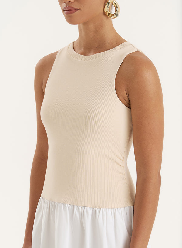 4th & Reckless Beige Constrast Sleeveless Drop Waist Maxi Dress- Eva