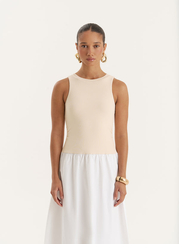 4th & Reckless Beige Constrast Sleeveless Drop Waist Maxi Dress- Eva