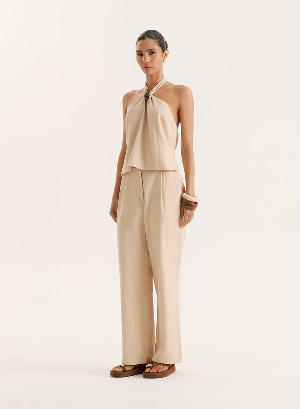 4th & Reckless Beige Cotton Halterneck Bead Detail Top- Vivian