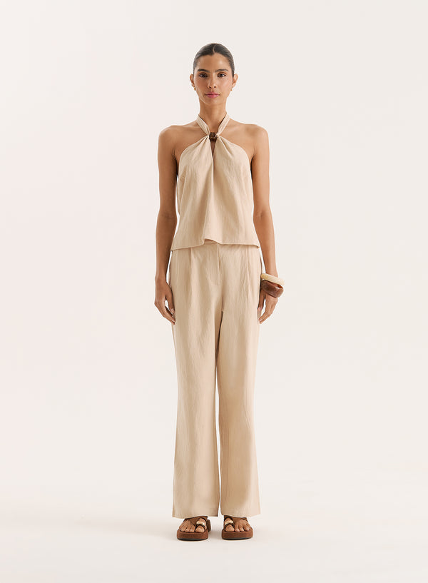 4th & Reckless Beige Cotton Halterneck Bead Detail Top- Vivian