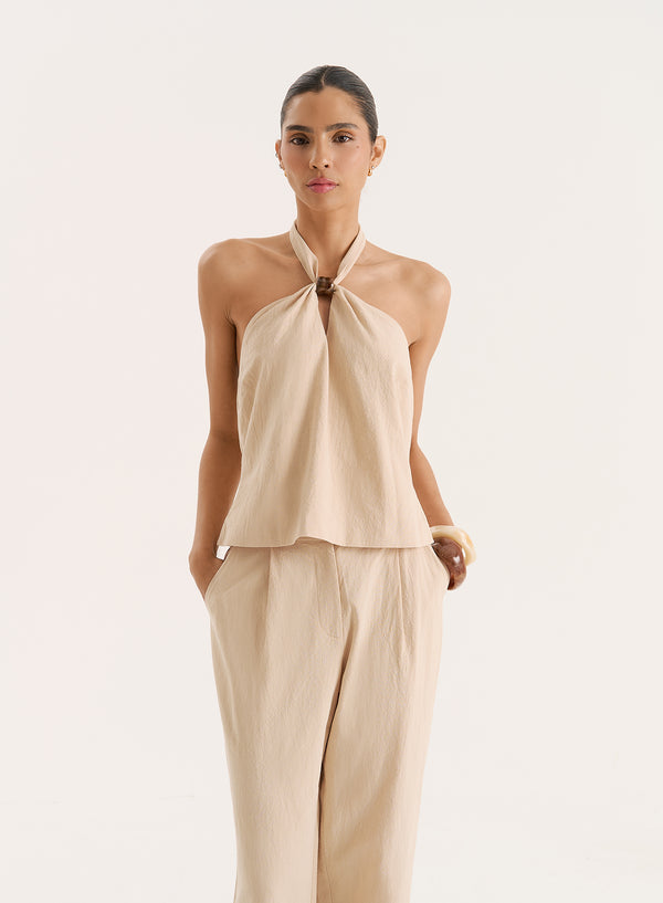 4th & reckless Beige Cotton Halterneck Bead Detail Top- Vivian