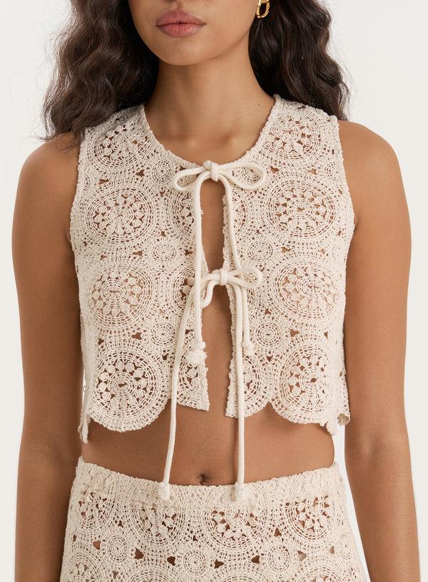 4th & Reckless Beige Crochet Tie Front Sleeveless Top- Laurenne