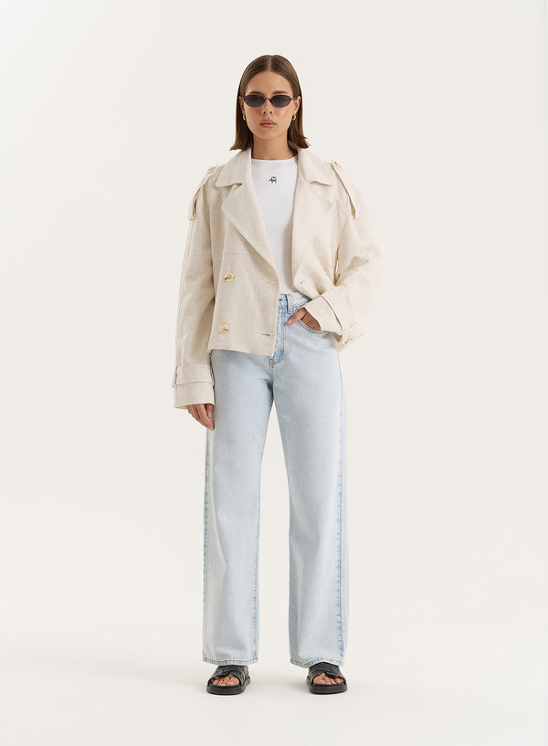 4th & reckless Beige Cropped Double Breasted Linen Blend Trench Coat- Sorrel