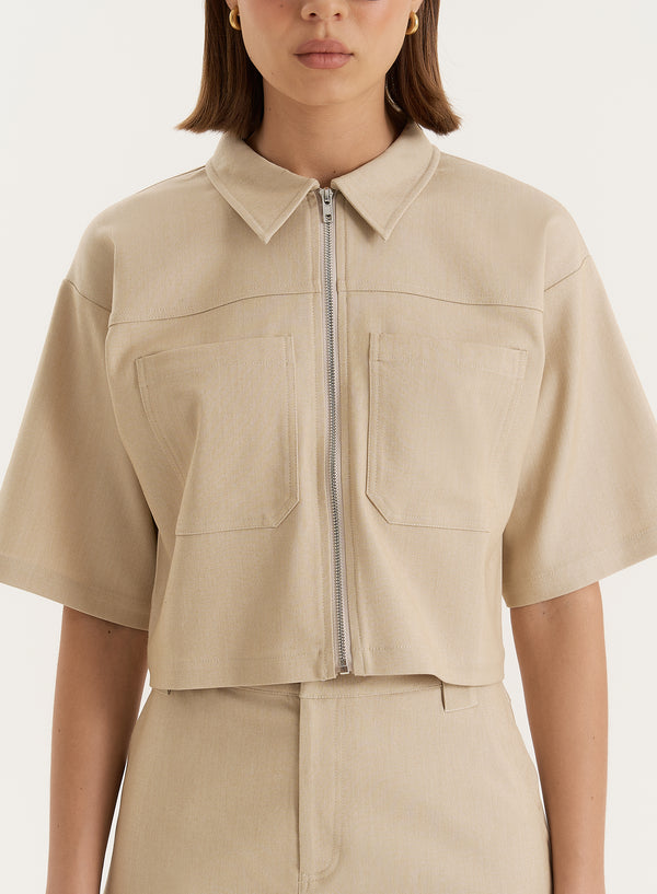 4th & Reckless Beige Cropped Tailored Zip Through Shirt- Miley