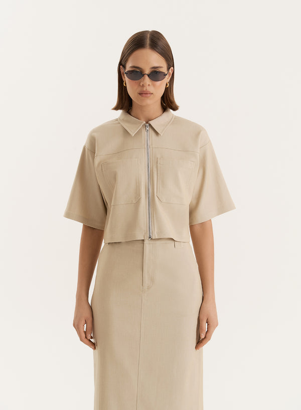 4th & reckless Beige Cropped Tailored Zip Through Shirt- Miley