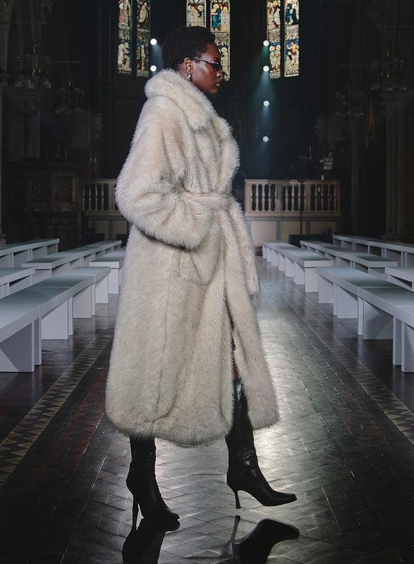 4th & Reckless Beige Faux Fur Oversized Tie Waist Maxi Coat- Schiffer