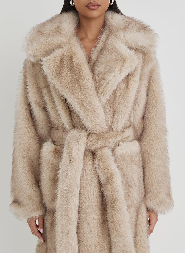 4th & Reckless Beige Faux Fur Oversized Tie Waist Maxi Coat- Schiffer