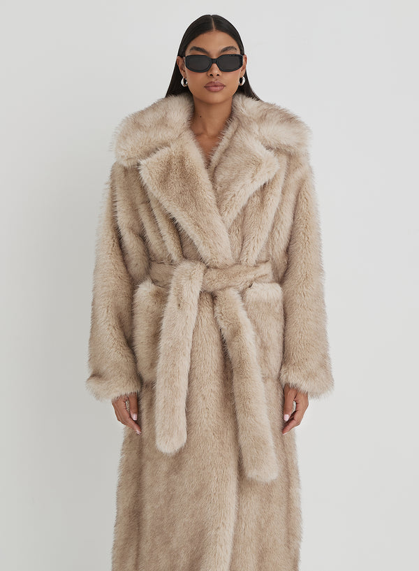4th & reckless Beige Faux Fur Oversized Tie Waist Maxi Coat- Schiffer