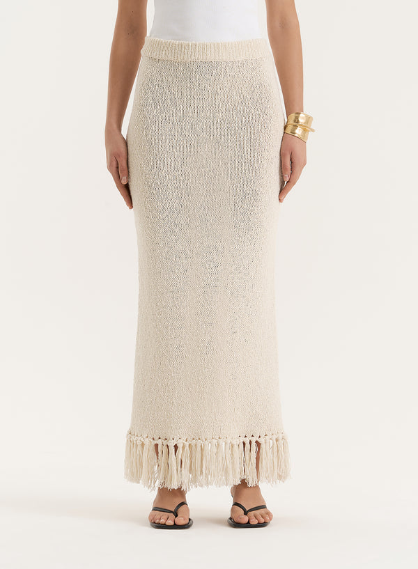 4th & Reckless Beige Knitted Tassel Trim Maxi Skirt- Lauryn
