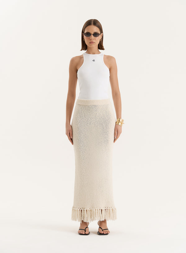 4th & Reckless Beige Knitted Tassel Trim Maxi Skirt- Lauryn