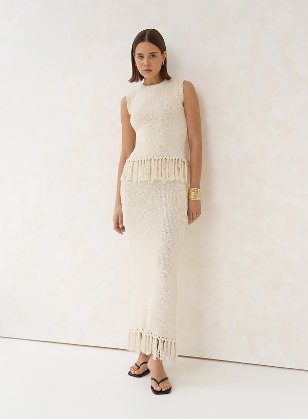 4th & Reckless Beige Knitted Tassel Trim Maxi Skirt- Lauryn