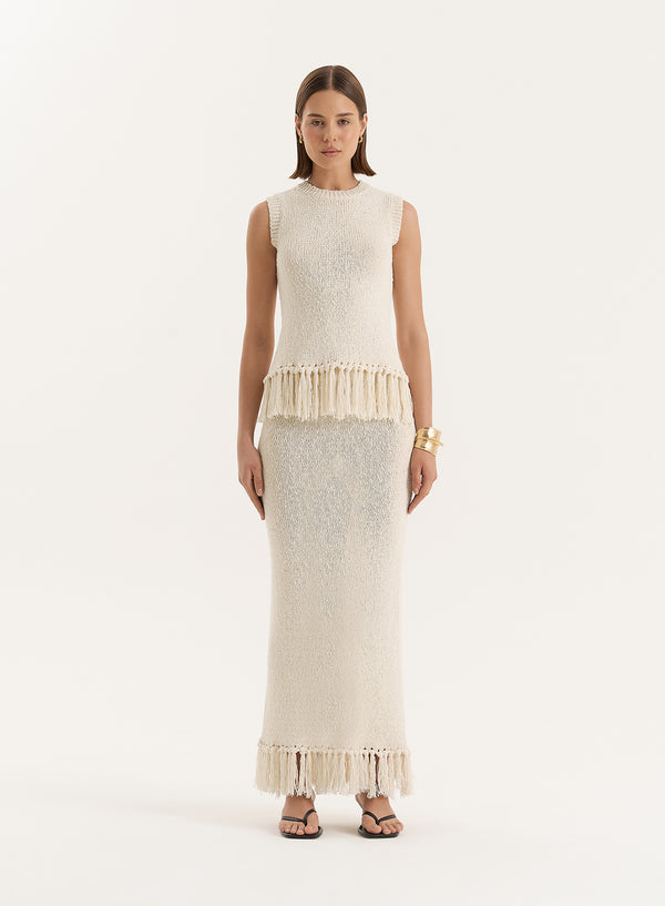 4th & reckless Beige Knitted Tassel Trim Maxi Skirt- Lauryn