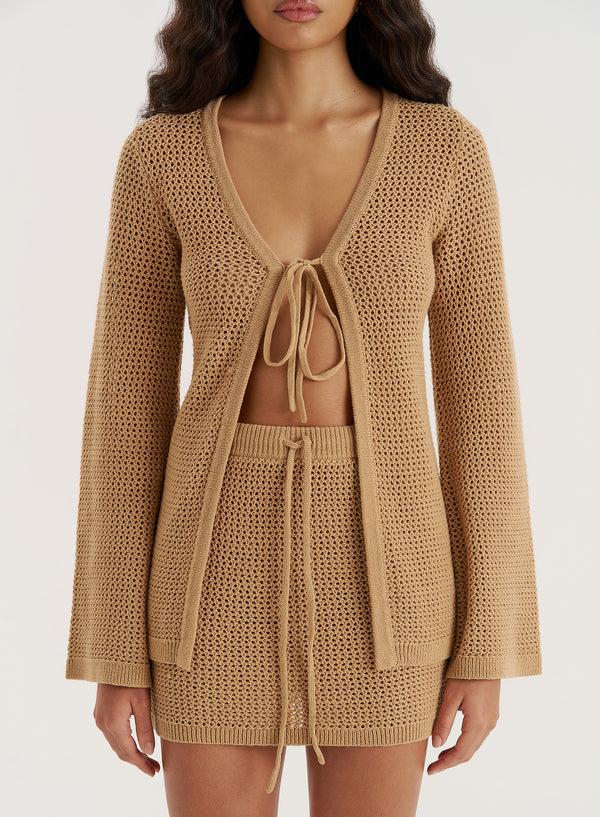4th & Reckless Beige Knitted Tie Front Long Sleeve Top- Elouise