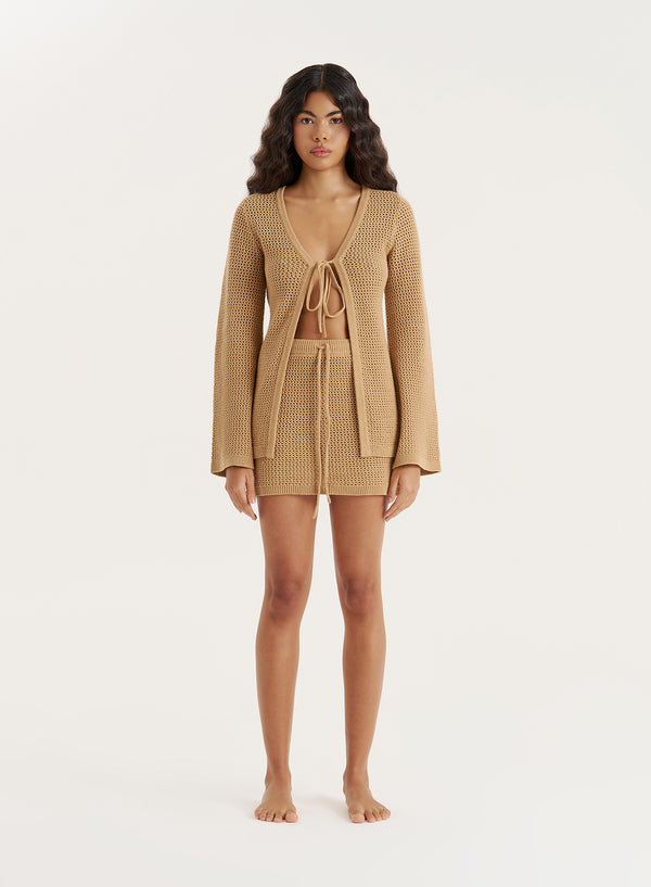 4th & Reckless Beige Knitted Tie Front Long Sleeve Top- Elouise