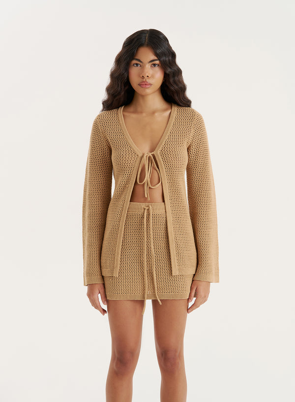 4th & reckless Beige Knitted Tie Front Long Sleeve Top- Elouise