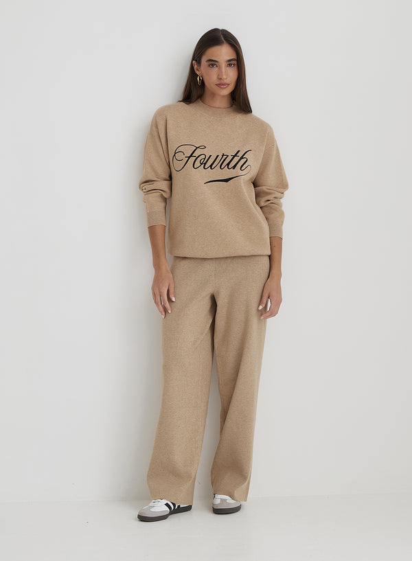 4th & reckless Beige Knitted Wide Leg Trouser- Cameron