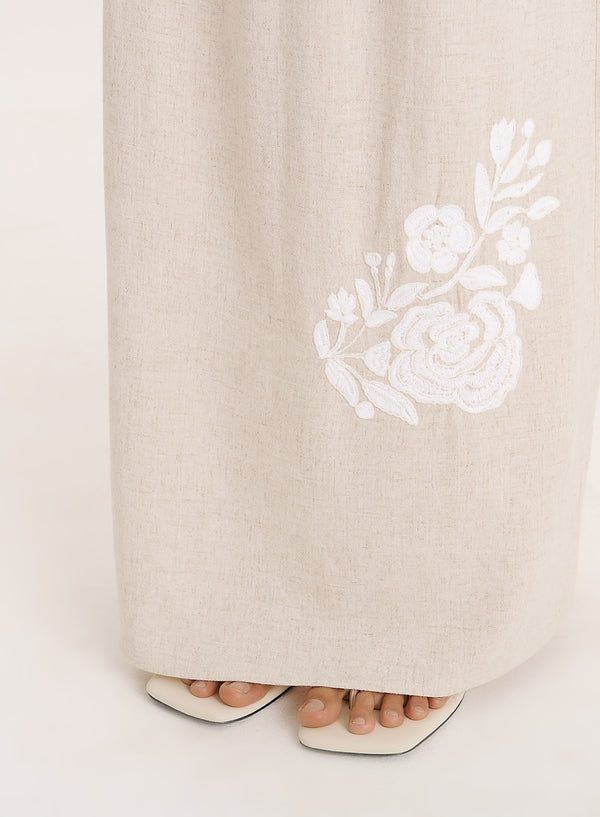 4th & Reckless Beige Linen Blend Flower Detail Maxi Skirt- Dori