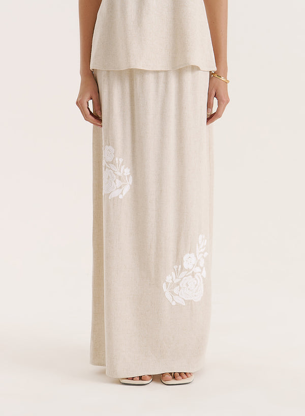 4th & Reckless Beige Linen Blend Flower Detail Maxi Skirt- Dori