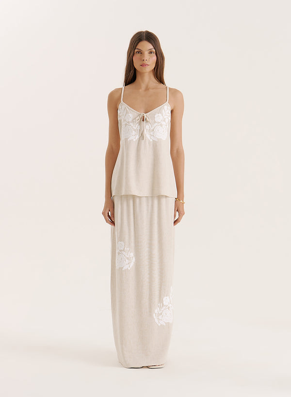 4th & reckless Beige Linen Blend Flower Detail Maxi Skirt- Dori