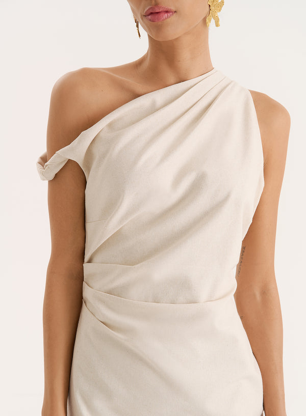 4th & Reckless Beige Linen Blend One Shoulder Mini Dress- Joy