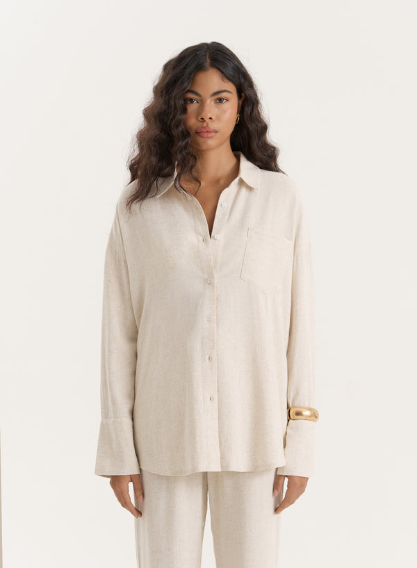 4th & reckless Beige Linen Blend Oversized Shirt- Anna