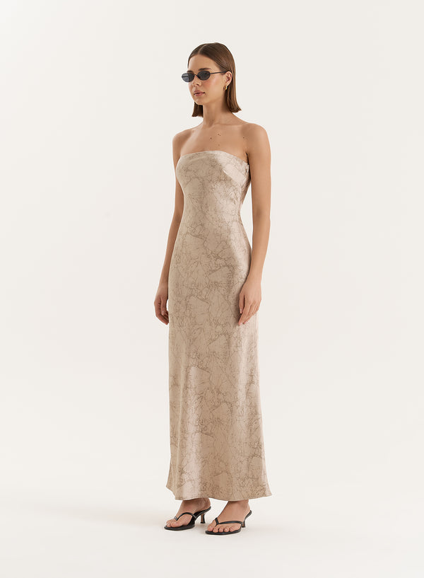 4th & Reckless Beige Print Bandeau Satin Maxi Dress- Shona