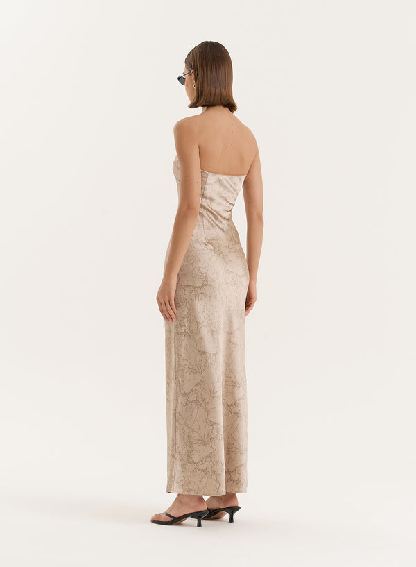 4th & Reckless Beige Print Bandeau Satin Maxi Dress- Shona