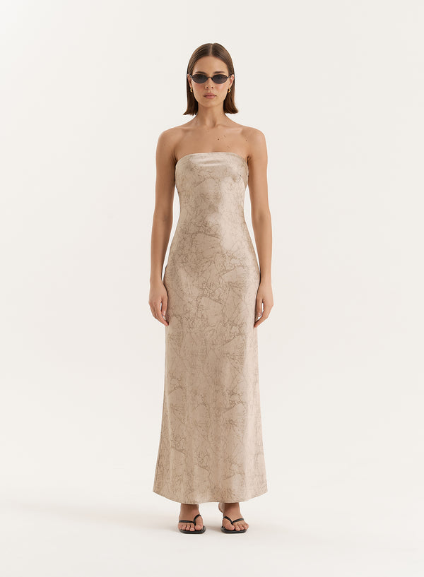 4th & reckless Beige Print Bandeau Satin Maxi Dress- Shona