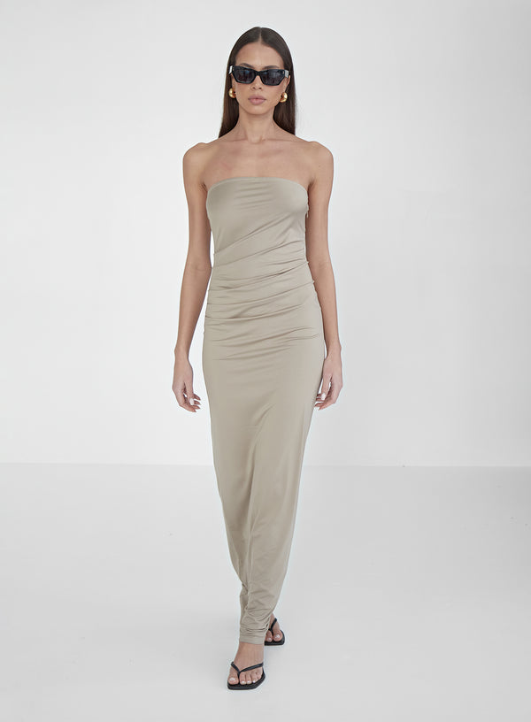 4th & reckless Beige Slinky Bandeau Mixaxi Dress- Andi
