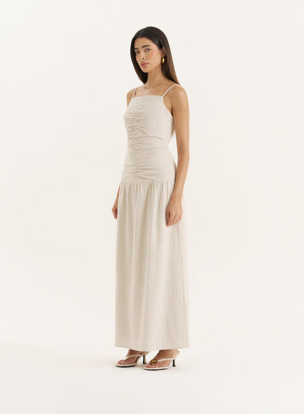4th & Reckless Beige Stripe Ruched Detail Drop Waist Dress- Fliss